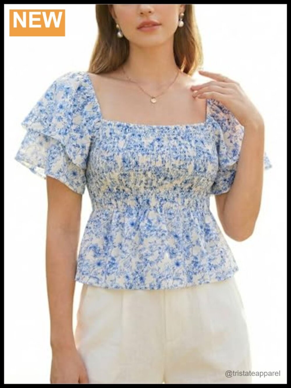 Women's Square Neck Smocked Peplum Top Ruffle Short Sleeve Babydoll Blouse Rayon